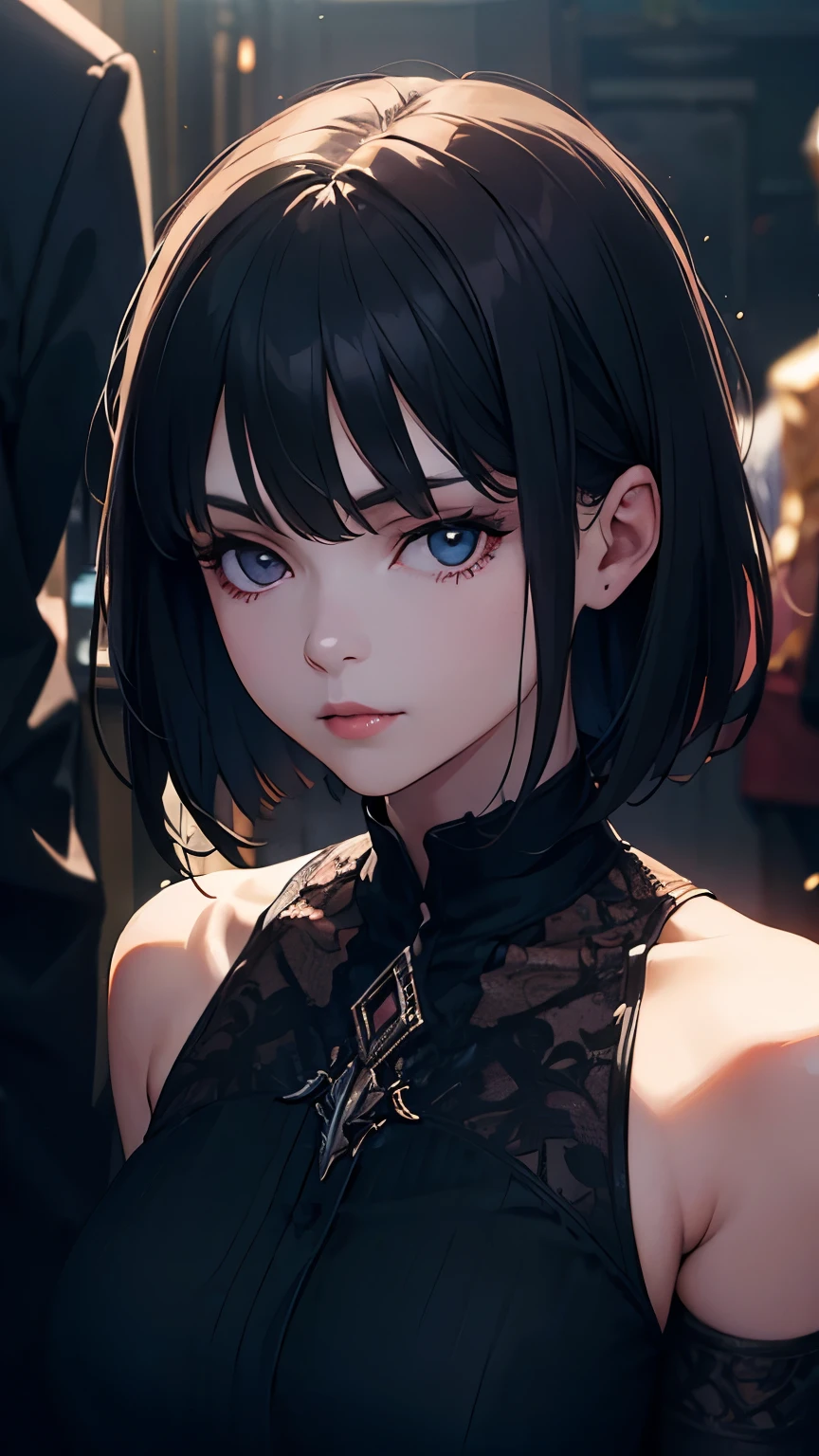 (high quality: 1.3), Cinematic shots, masterpiece, (Sharp focus: 1.5), (Realistic: 1.3), Medium portrait (Beautiful young vampire woman, Pale skin, Gothic, Still proud、intense, Straight black short bob hair, Dark look, Wearing a very finely crafted dark tunic, Dark atmosphere, but、Sculpting shapes with sharp chiaroscuro, big firm bouncing busts), It&#39;s night, (Highly detailed skin), (Detailed face),  Detailed Background, Dim lighting, dusk lighting, Volumetric lighting, Intricate details, Ultra-high resolution,