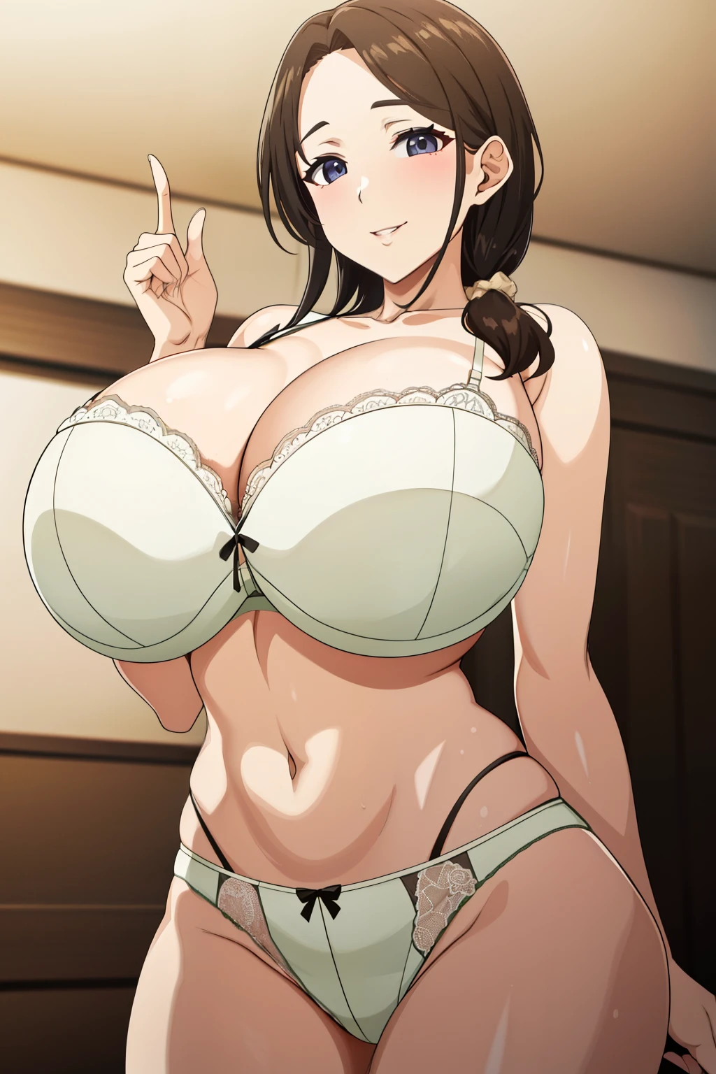 (超High resolution,4K,Very detailed, photograph, 8K, High resolution, High resolution, Absurd:1.2),40-year-old Japanese woman,expensive,Long black hair,Beautiful character design,Beautifully detailed eye depiction,Perfect Face,Expressive eyes,Brown eyes,blush,smile,Smiling with teeth showing,This is what you wanted to see,(Pure white lace bra:1.1),(White sheer lace panties:1.1),(Huge breasts:1.2),Tight waist,In the living room,Daytime,Are standing,Provocative pose,Cowboy Shot