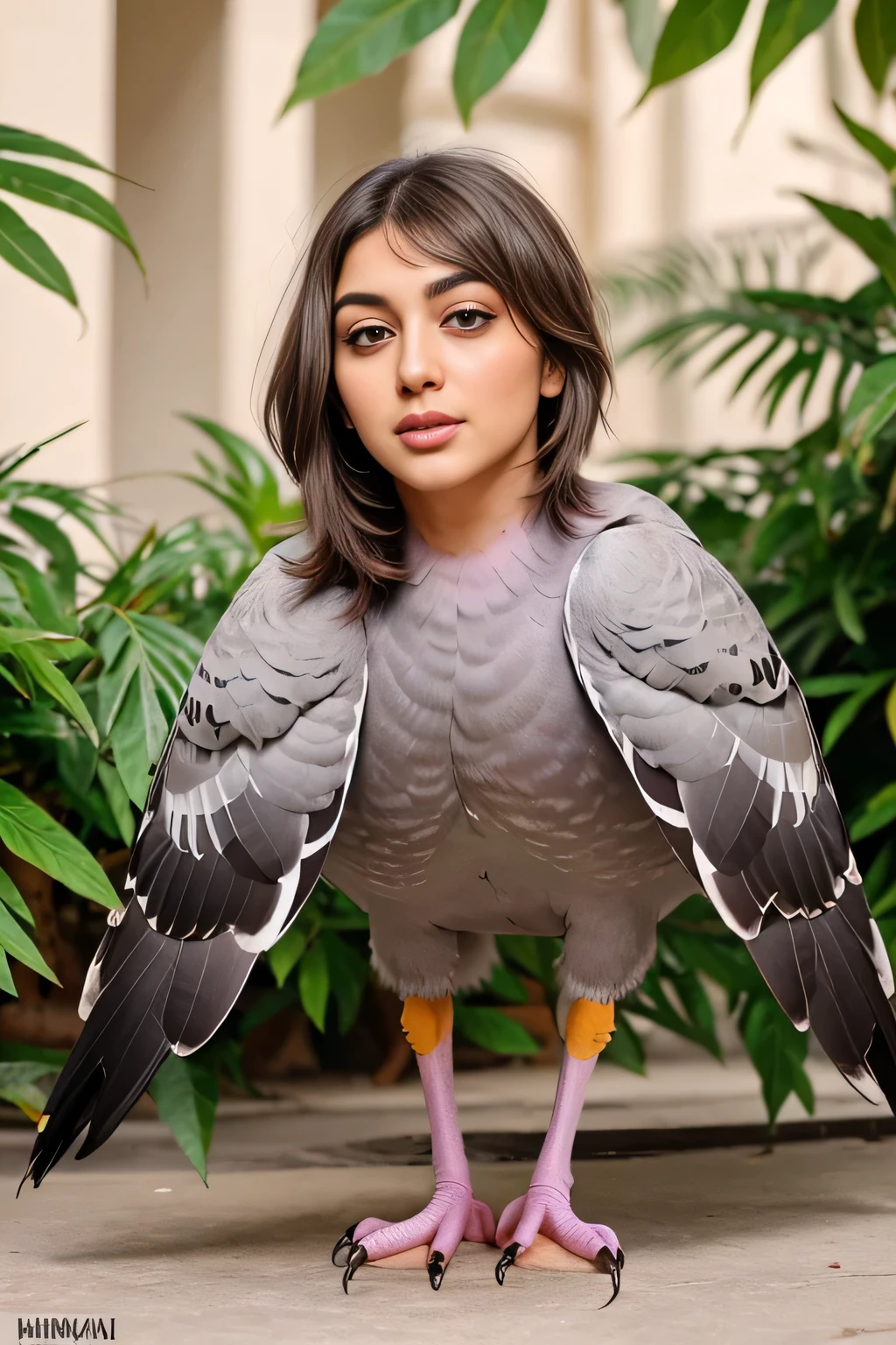 Hansika Motwani is a pigeon bird, She is a bird but her head looks like girl, from neck to full body looks like pigeon bird. Pigeon legs, pigeon wings. Bird body, pigeon body, perfect picture, perfect bird, real bird, Real head replace with real pigeon head. Exact Bird. Colorful pigeon.