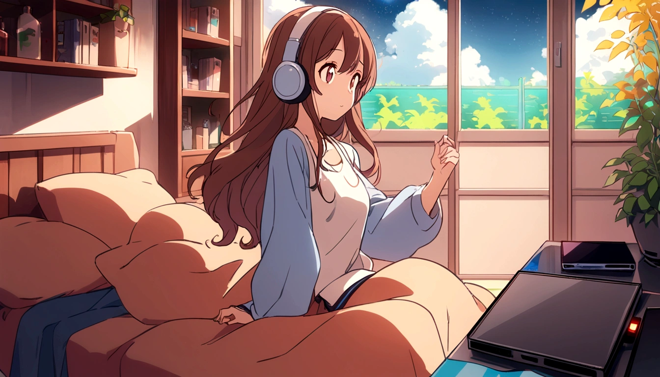 Keywords : masterpiece, best quality, movie stills, one girl, girl in clouds, happy, warm soft lighting, night sky, listening to music on headphones in room bed, long hair girl, big eyes, profile, summer sky, illustration style