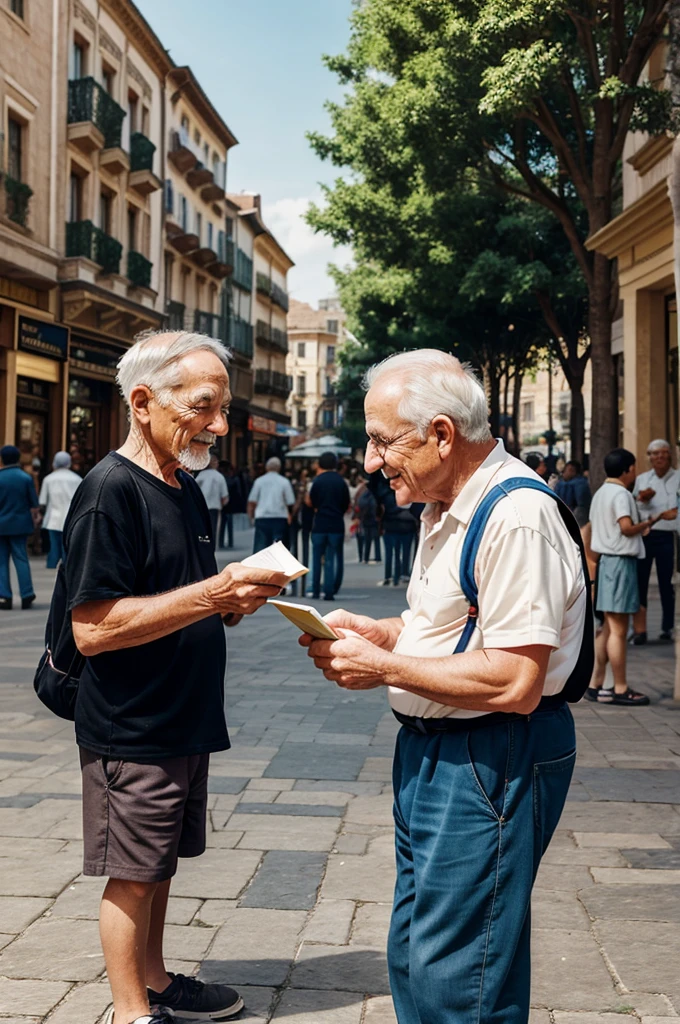 An old man handing a small book to a young boy in a bustling town square in cartoon