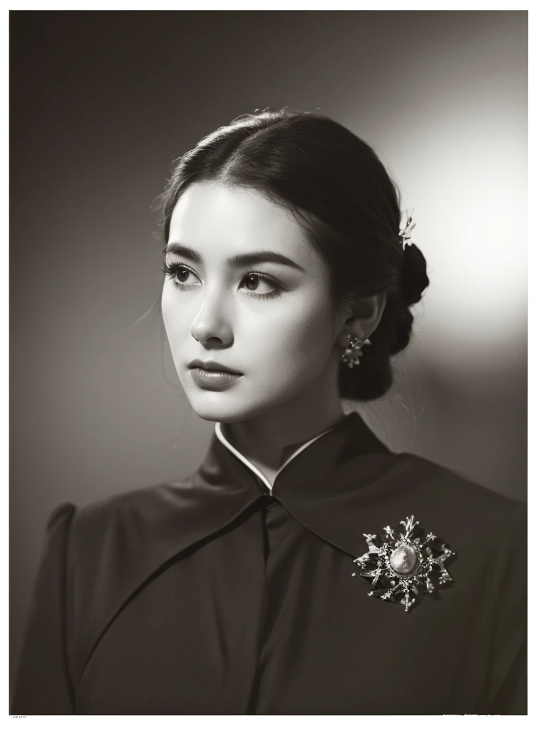  The image is a black and white portrait of a woman with a thoughtful expression. She is wearing a dark dress and has a decorative brooch on her collar.