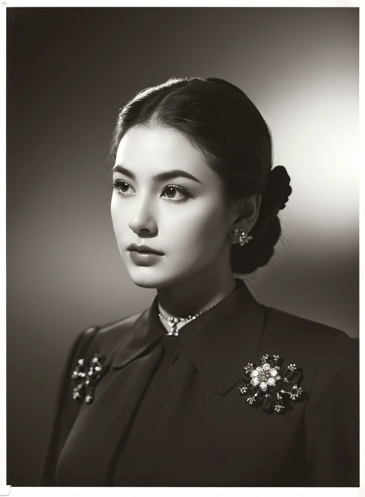  The image is a black and white portrait of a woman with a thoughtful expression. She is wearing a dark dress and has a decorative brooch on her collar.