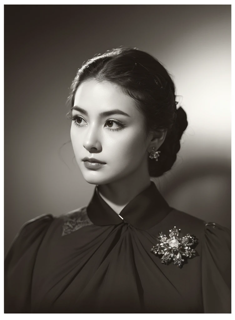  The image is a black and white portrait of a woman with a thoughtful expression. She is wearing a dark dress and has a decorative brooch on her collar.