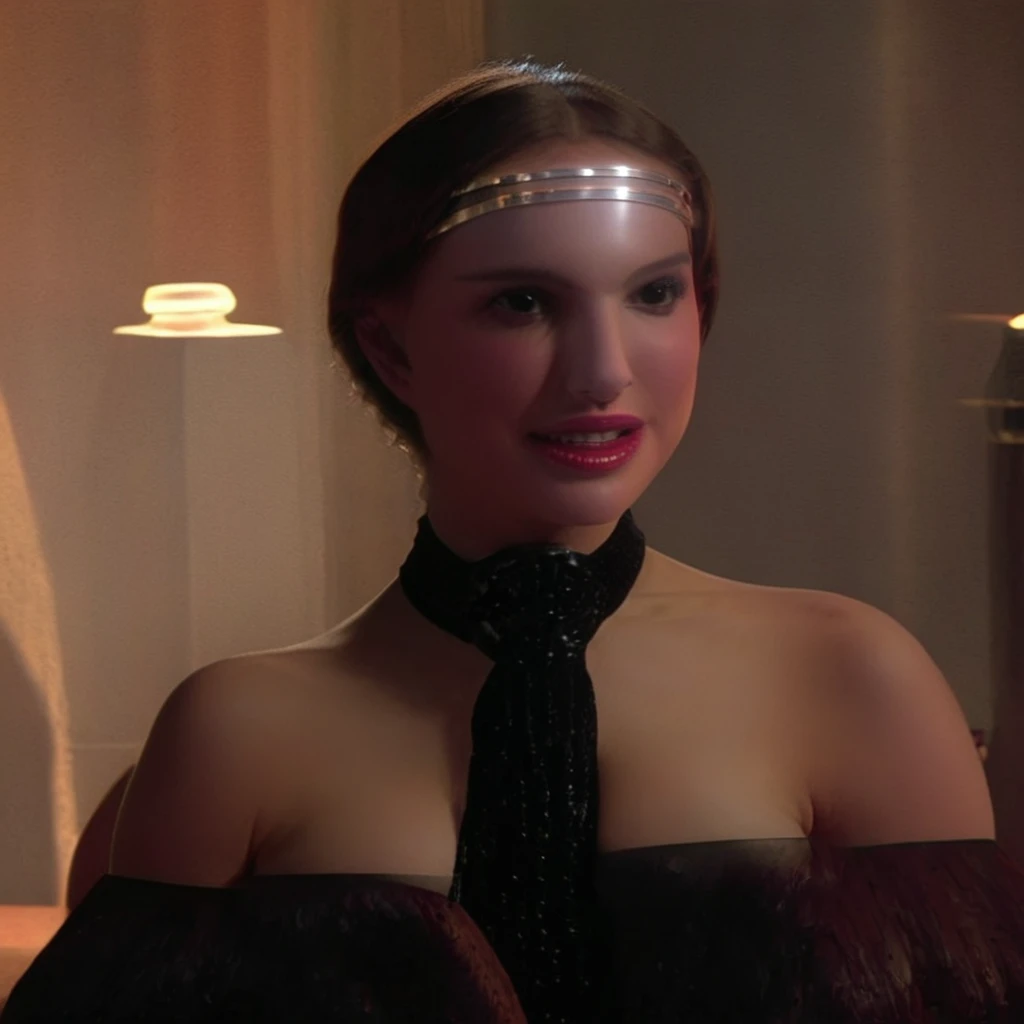 Beautiful Photo of padme woman sitting in a star wars ship,looking at camera,naboo corset, braid ponytail, tiara,full body shot,depth of field, dramatic lighting shadow, high quality, solo, high quality