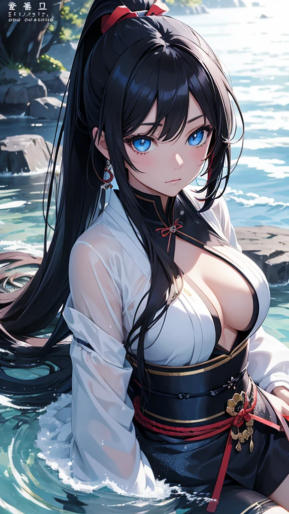 Cover Magazine, anime, young woman, alone, Long Hair, Black Hair, ponytail、blue eyes, model, beautiful, 大きくbeautiful胸, Half Body Portrait, Fantasy, Ice and water、Japanese sword
