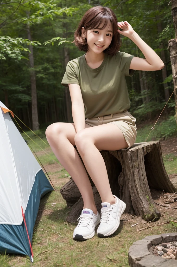 すっぴん、Camping tent, , ((full body)), ((photo)), ((best qualtiy, 8K, tmasterpiece:1.3)), Focus:1.2, perfect figure beautiful child:1.4, 1, cowboy shot, look at viewer, eyes facing the camera, incredibly absurd, beautiful and cute with a photorealistic face, showcasing top-quality craftsmanship, A Japanese girl gazing at the campfire at a campsite, 15 years old, short hair, wavynd shiny,imson hair, big eyes, long eyelashes, smiling face, white teeth, round face, small nose, smooth skin, fair skin, red lips, pink cheeks, lively expression, , delicate, well-balanced proportions, slim, 155cm tall, thin limbs, small A-cup breasts, khaki T-shirt, camouflage shorts, sneakers, beautiful girl, younger sister attributes, active, sociable, cheerful, optimistic, brave, curious, August