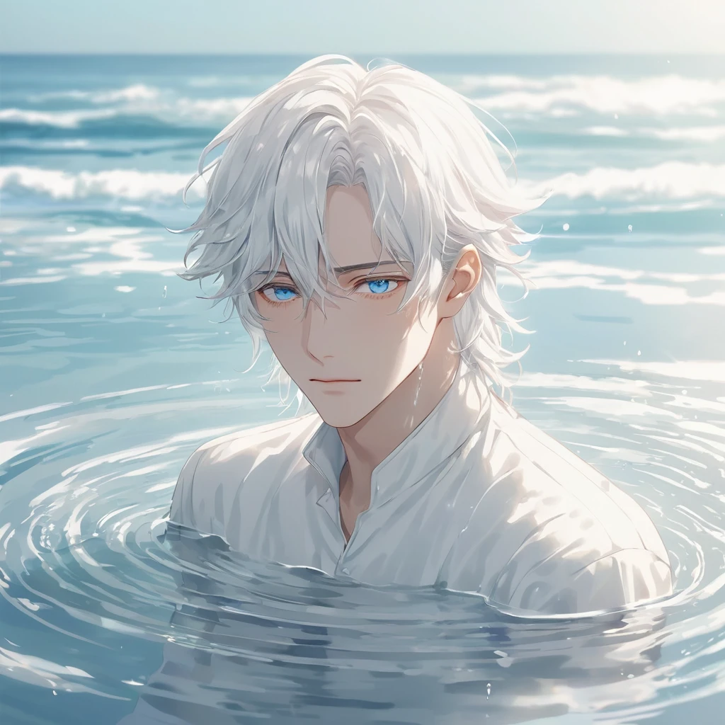 Anime-style male character in water, (long white hair:1.2), (gentle expression:1.1), blue eyes, white noble outfit, (rippling water effect around body:1.3), sunlight reflecting on water, clear sky, subtle water splashes, high-resolution digital art, soft color palette, tranquil atmosphere, (serene ocean background:1.1), realistic water texture