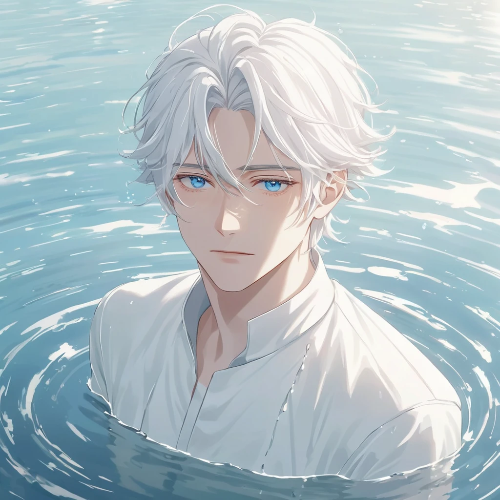 Anime-style male character in water, (long white hair:1.2), (gentle expression:1.1), blue eyes, white noble outfit, (rippling water effect around body:1.3), sunlight reflecting on water, clear sky, subtle water splashes, high-resolution digital art, soft color palette, tranquil atmosphere, (serene ocean background:1.1), realistic water texture
