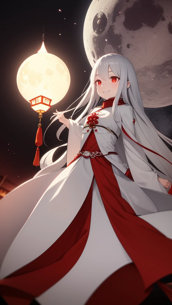 1 girl, silver hair, red eyes, white skin, smile, long hair, flying, floating in the air, white cloak, holding a lantern, Chinese lantern, night, moon, blood