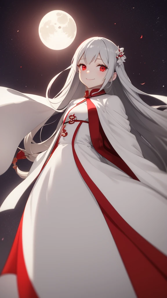 1 girl, silver hair, red eyes, white skin, smile, long hair, flying, floating in the air, white cloak, holding a lantern, Chinese lantern, night, moon, blood