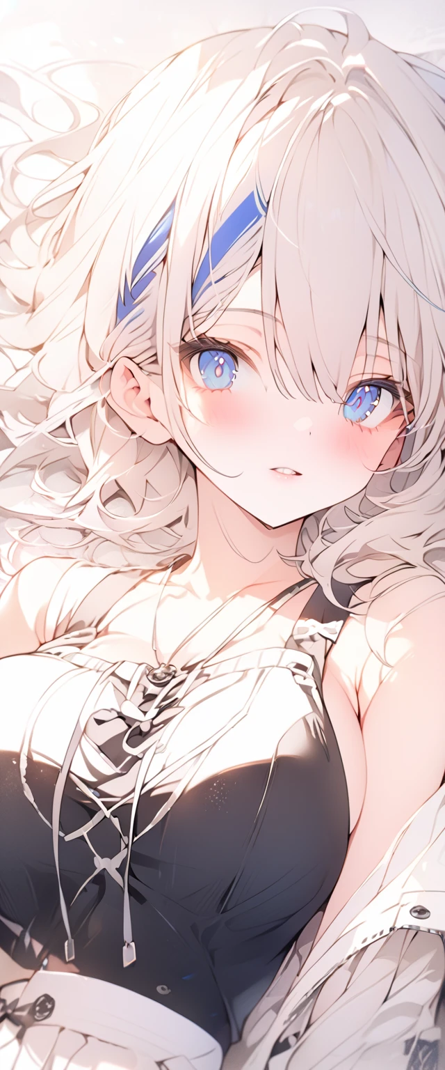 beautiful, masterpiece, Highest quality, anime, One girl, C Cup,Portrait Shot, View your viewers, Covered、Medium Hair、nearby、Blue Eyes、art、、White hair,Blue streaked hair、・Large breasts ・Lying on your back ・