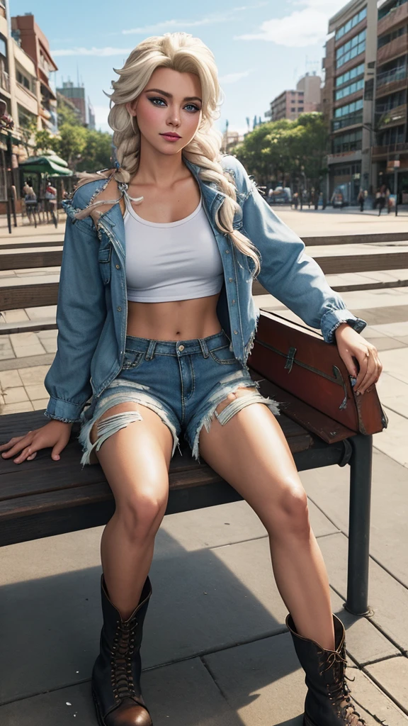 cartoon characters disney princess elsa, dressed in ripped clothes, seedy, ragged, torn shorts, old boots, homeless, sitting on a bench, urban environment background.