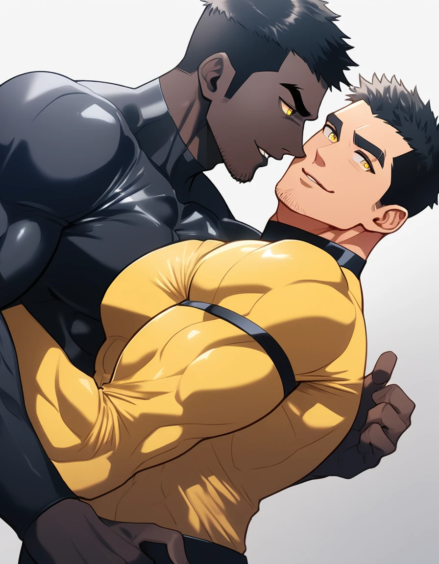 anime characters:Two superheroes in tights, Muscle superhero, negro black skin, They hugged and kissed each other, Bite your neck, Caress, Manliness, male focus, Yellow and black high collar long sleeve tight T-shirt, Slightly transparent material, High gloss, Very tight, Round, full and perky chest muscles, Muscle waist, Slightly transparent, muscular male, muscular, only, Upper body, alone, Black short hair, Thick eyebrows, stubble, Yellow eyes, Grey background, simple background, amazing quality, best aesthetics, Ridiculous, bright pupils, crew cut, parted lips, seductive smile, torogao, naughty face, drop shadow, best quality