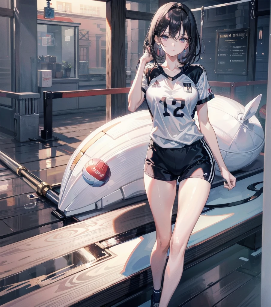 absurdres, RAW photo, extremely delicate and beautiful, masterpiece, Best Quality, ultra high resolution, 32k, hyperrealistic, ultra-detailed, Very detailed CG 8k wallpaper, Beautiful Lighting, Perfect Lightning, Realistic Shadows, perfect anatomy, super Detailed skin, Japanese woman, late 20s, very Slim body, narrow waist, very small head, handsome detailed woman, very detailed eyes and face, realistic face proportions, Stunning detailed eyes, Realistic beautiful face, very small face, Realistic small beautiful eyes, tearful mole, earring, beautiful and very thin legs, beautiful and very thin thighs, very huge round breasts, medium hair, black hair, full body shot, (volleyball uniform:1.2), (shorts),