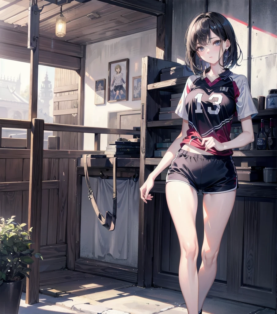 absurdres, RAW photo, extremely delicate and beautiful, masterpiece, Best Quality, ultra high resolution, 32k, hyperrealistic, ultra-detailed, Very detailed CG 8k wallpaper, Beautiful Lighting, Perfect Lightning, Realistic Shadows, perfect anatomy, super Detailed skin, Japanese woman, late 20s, very Slim body, narrow waist, very small head, handsome detailed woman, very detailed eyes and face, realistic face proportions, Stunning detailed eyes, Realistic beautiful face, very small face, Realistic small beautiful eyes, tearful mole, earring, beautiful and very thin legs, beautiful and very thin thighs, very huge round breasts, medium hair, black hair, full body shot, (volleyball uniform:1.2), (shorts),