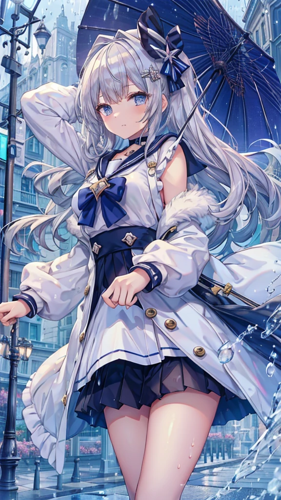 Masterpiece、Highest quality、Super detailed、Fluffy and soft long hair、Gray Hair、Diamond Eyes、Big Tits、Starry Sky、Sailor suit、bustling street、mini skirt、rain、Wet、choker、painful