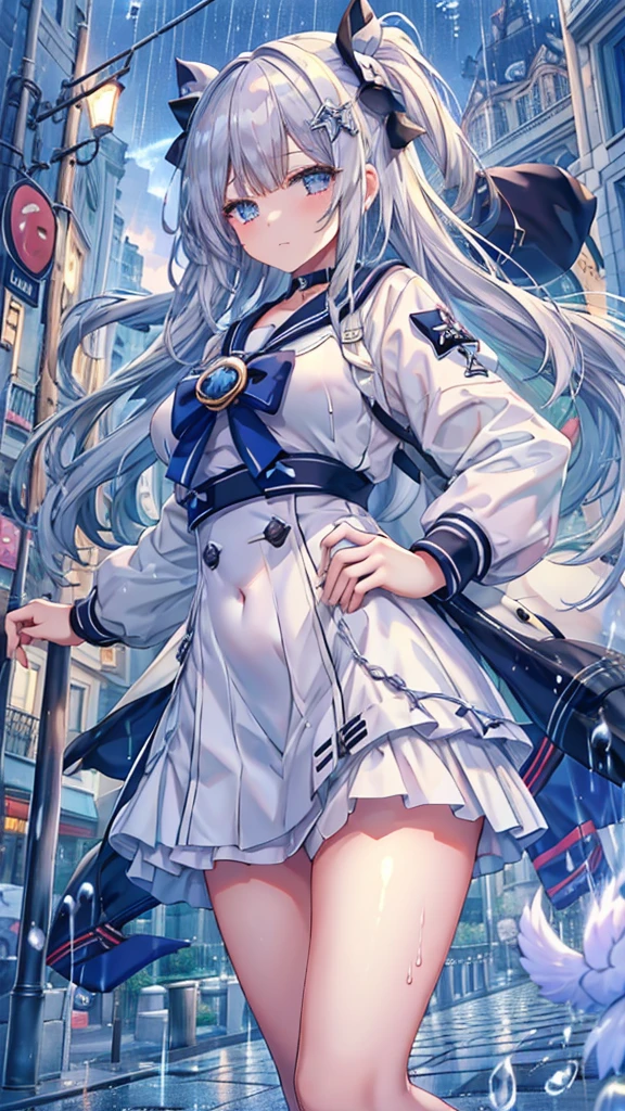 Masterpiece、Highest quality、Super detailed、Fluffy and soft long hair、Gray Hair、Diamond Eyes、Big Tits、Starry Sky、Sailor suit、bustling street、mini skirt、rain、Wet、choker、painful