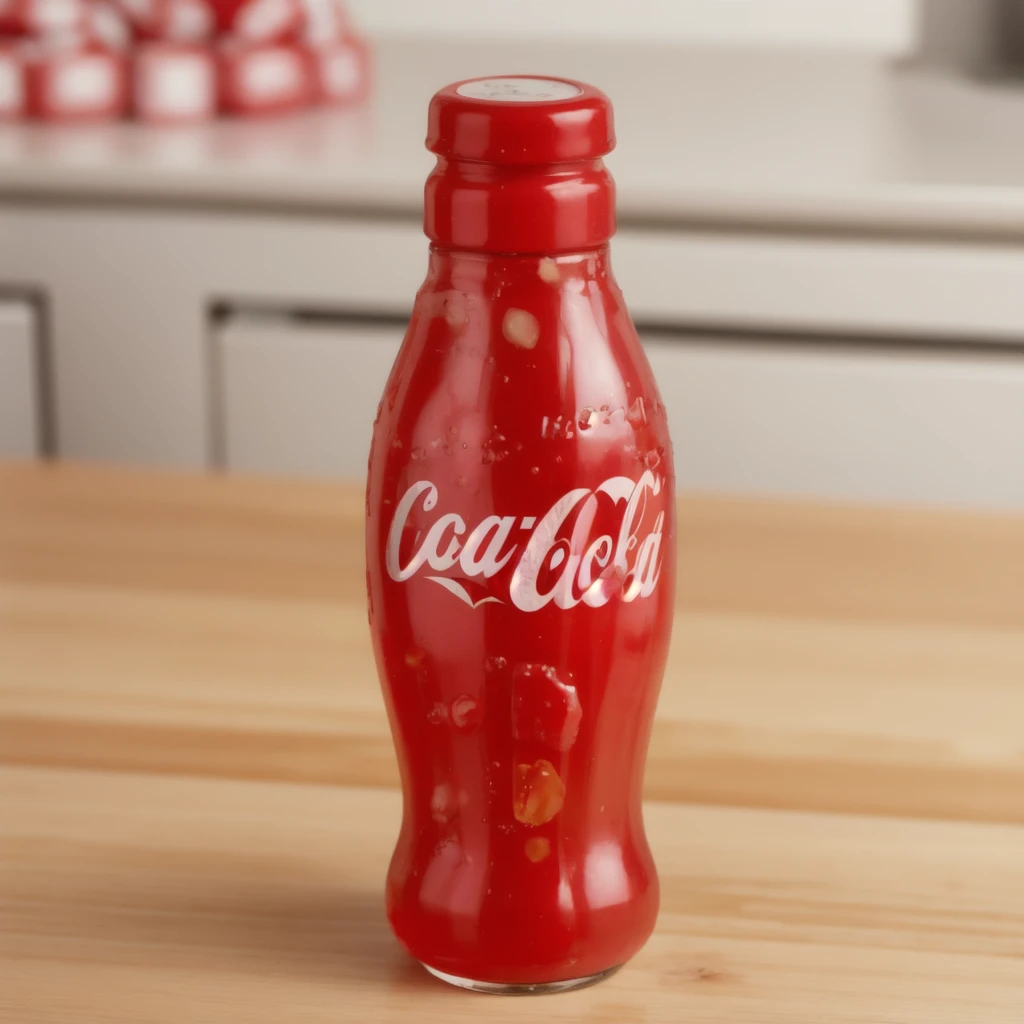 in the kitchen, on a wooden table, a red jelly bottle with a jelly particles inside of it, coca-cola, jelly texture, gummy texuture, candy, realistic texture, realistic style, detailed texture, high quality, high resolution, high quality rendering, realistic photo, brightning light, macro photo, ultra hd 4k