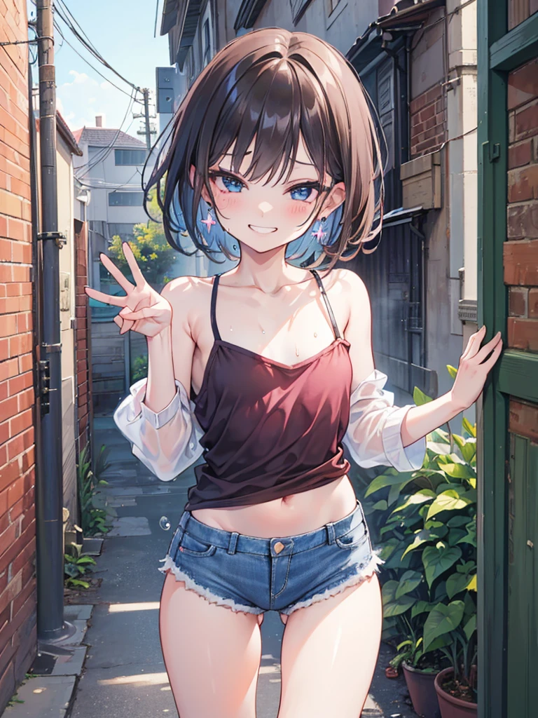 (8K、Highest image quality、best quality、masterpiece)、Detailed face、((two :2))、brown hair、short hair、brown eyes、smile、((Grinning))、earrings、((small breasts))、((pink camisole))、((Denim shorts))、Cowboy shooting、black hair、Double tail、light blue eyes、smile、((Grinning))、earrings、((small breasts))、((White camisole))、((Denim shorts))、Cowboy shooting((back alley background))、((National Science Foundation))fluid in ass、Fluid on the thighs、flowing liquid(Attractive ass:1.2),、exposed、disheveled、Clothing that fits snugly,Exposed chest、(((Wet clothing))),tube top,(((ultra-thin clothing))),(Body model),((body outline)),(Stride),grinning, blush,Hyperactive expression,Rubbing hands on crotch,raised vulva contour,saliva,