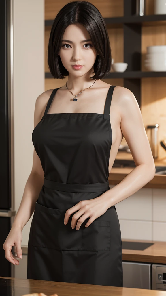 （Highest quality、8K、masterpiece：1.3）、Beautiful woman with perfect figure：1.2、Black Hair、Shortcuts、Straight Hair、Wearing a pendant、Wearing an apron、In the kitchen、Highly detailed face and skin、Fine particles、double eyelid、Big Breasts