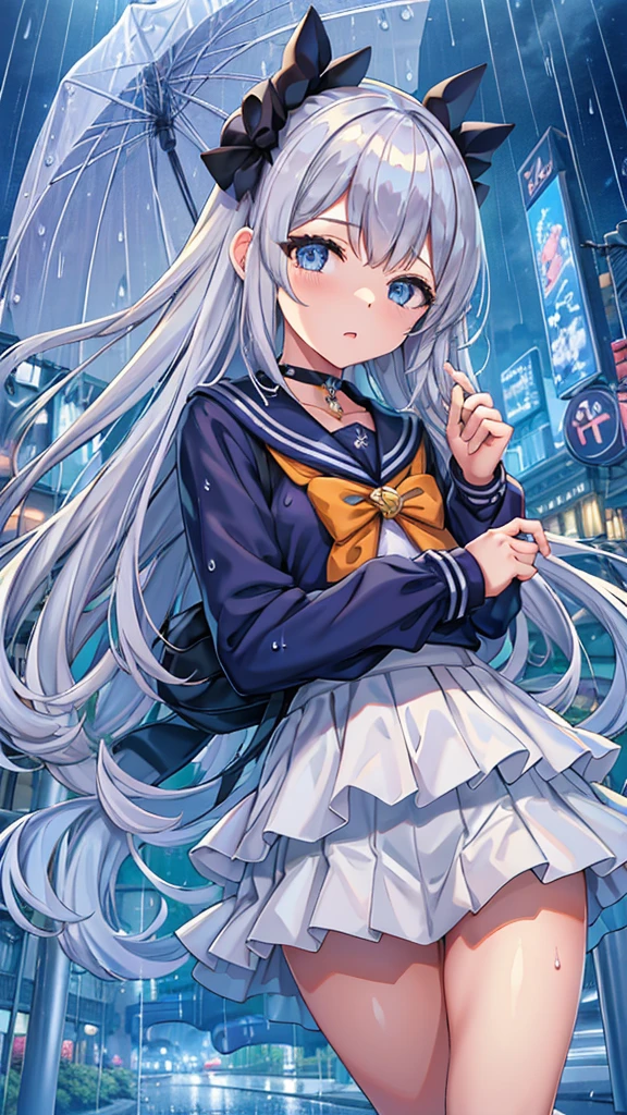 Masterpiece、Highest quality、Super detailed、Fluffy and soft long hair、Gray Hair、Diamond Eyes、Big Tits、Starry Sky、Sailor suit、bustling street、mini skirt、rain、Wet、choker、painful