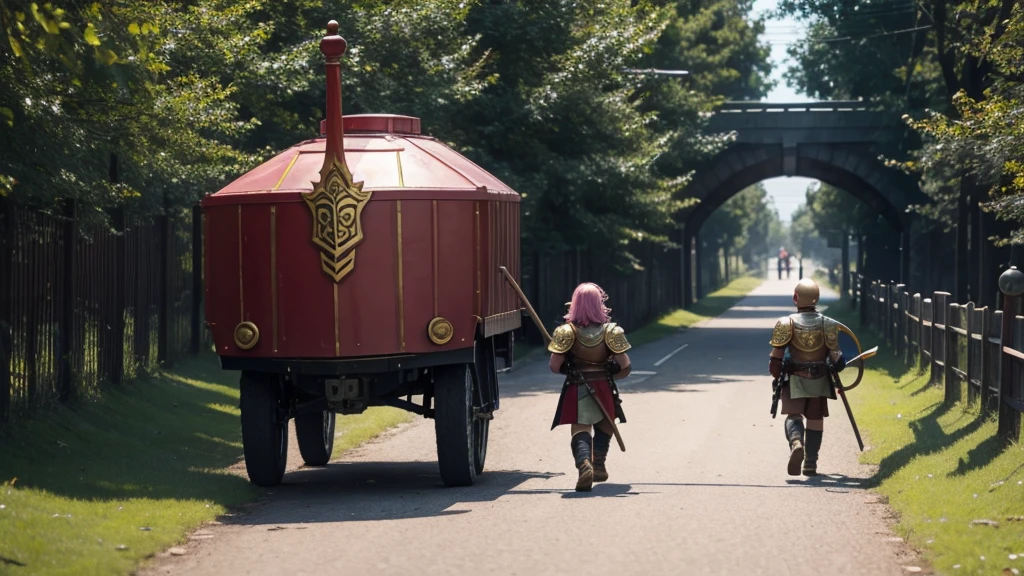 Large and strong soldier, covered in golden armor, with his head out, short hair with red bangs, holding a giant hammer and a shield, walking hand in hand with a 6 year old dwarf girl, with pink hair and ears elf