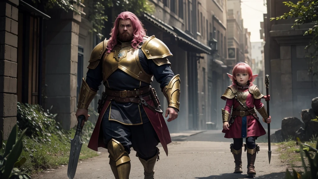 Large and strong soldier, covered in golden armor, with his head out, short hair with red bangs, holding a giant hammer and a shield, walking hand in hand with a 6 year old dwarf girl, with pink hair and ears elf