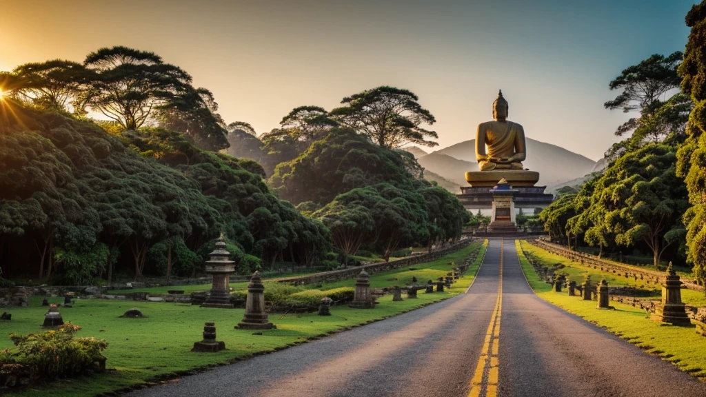 Big Buddha statue in the distance, Stone,mossy atmosphere, high goals, majestic, Sunlight background，pilgrims on the road,Sunset