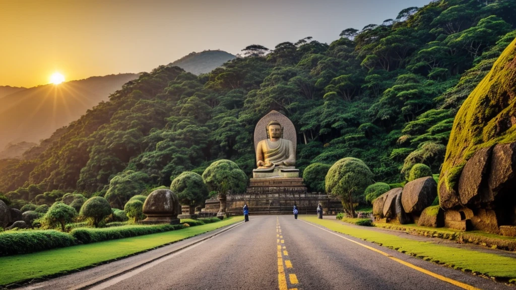 Big Buddha statue in the distance, Stone,mossy atmosphere, high goals, majestic, Sunlight background,pilgrims on the road,Sunset