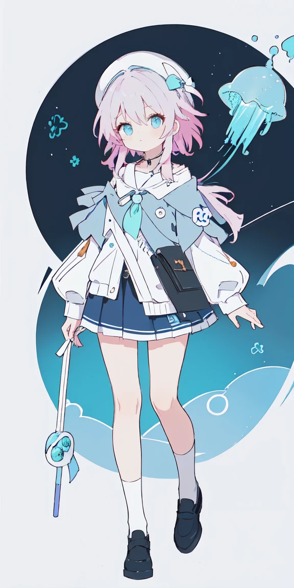 
(One girl),Full Body Lesbian，

Pink Hair,Bright Blue Eyes,Aqua gradient eyes,

Straight long hair,French Braid,Black Hair Band, (White Beret),

Dark blue jellyfish,Dark blue skirt,Black coat,(((Hand drawn line art)))



Off the shoulder、((Grey sweater))、valley、