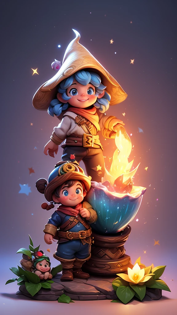 3d animation,motion, personality: Johnny, a mischievous gnome with a twinkle in his eye, pouring a small vial of glowing liquid into the fountain as Lily watches in awe. unreal engine, hyper real --q 2 --v 5.2 --ar
