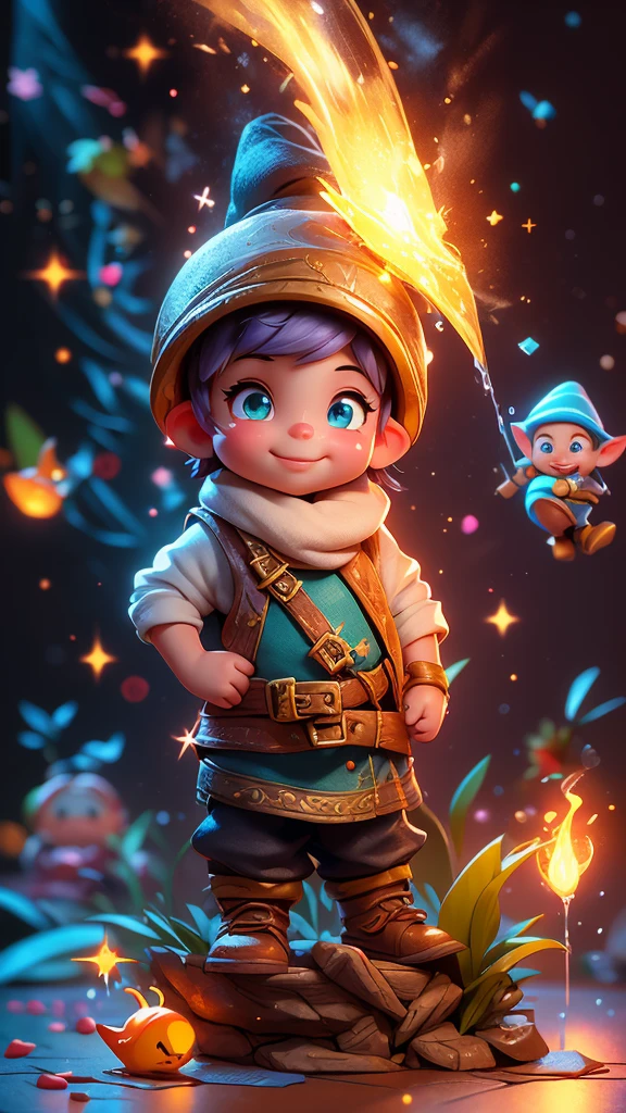  3d animation,motion, personality: Johnny, a mischievous gnome with a twinkle in his eye, pouring a small vial of glowing liquid into the fountain as Lily watches in awe. unreal engine, hyper real --q 2 --v 5.2 --ar