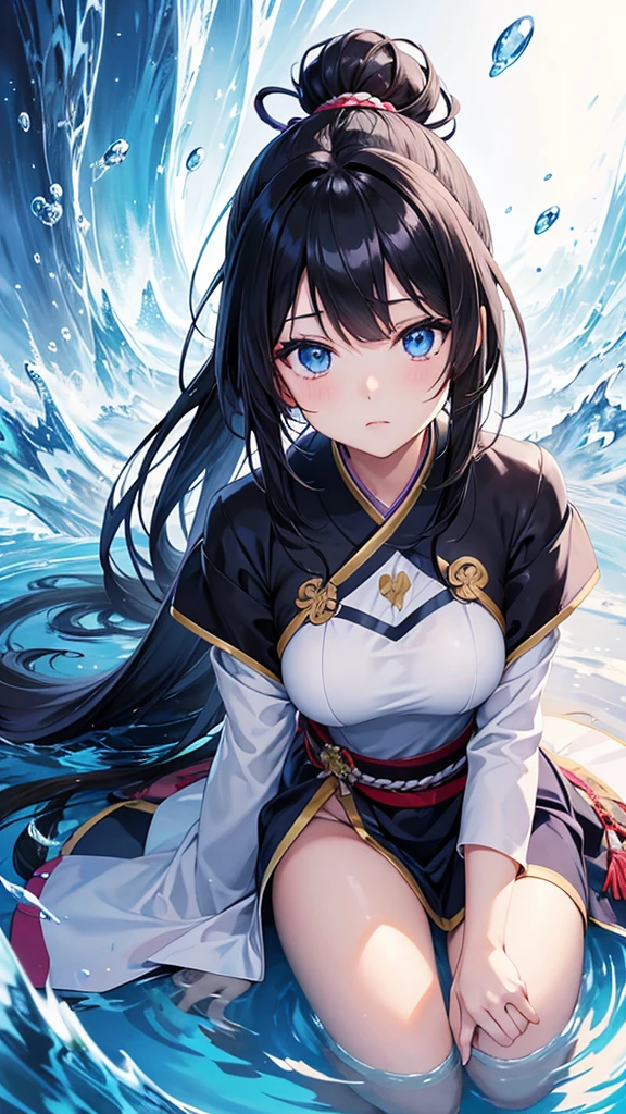 A stunningly beautiful girl in her mid-, adorned in the traditional garb of a samurai warrior. Her long, raven-black hair cascades down her back in perfect waves, held in place by a series of intricately tied ribbons. Her almond-shaped eyes, a mesmerizing shade of sapphire blue, sparkle with determination and courage. She stands with her legs shoulder-width apart, her body poised and ready for battle.