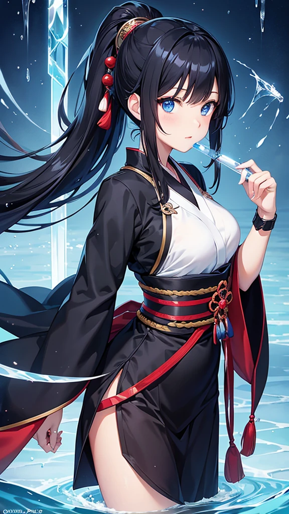 Cover Magazine, anime, young woman, alone, Long Hair, Black Hair, ponytail、blue eyes, model, beautiful, 大きくbeautiful胸, Half Body Portrait, Fantasy, Ice and water、Japanese sword