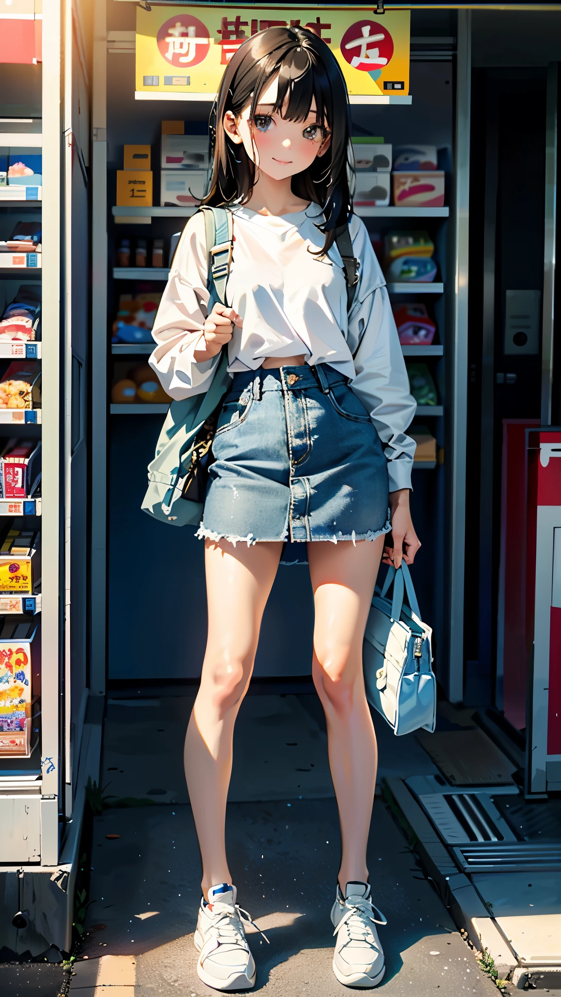 (8K, RAW Photos, 最high quality, masterpiece:1.2), high qualityのRAWカラー写真, Professional photo shoot, Cinematic Light, alone, (((young woman, Gal))), (Sharp features), (Small face), (Skin with attention to detail:1.2), clavicle, Cute face, Beautiful appearance, Long eyelashes,Girl Turning Around, smile, (Black Hair, Long straight line),  Jersey, Denim mini skirt, sneakers, Backpack,  Night Park, Confident attitude, Capture the happy moment, Artistic painting,Attractive thighs, (A very fine touch:1.2), (はにかんだsmile), Peaceful atmosphere, Oil painting style, Bright colors, (Are standing:1.5, Inside a convenience store, Full body portrait), Smooth texture, Gazing Eyes, Beautiful Skin, Shiny skin, ((Perfect Fingers, Five Fingers, Anatomically correct)), Background Blur, high quality, Surreal, ((Very detailed, photo shoot)),A large number of people、blush、plump