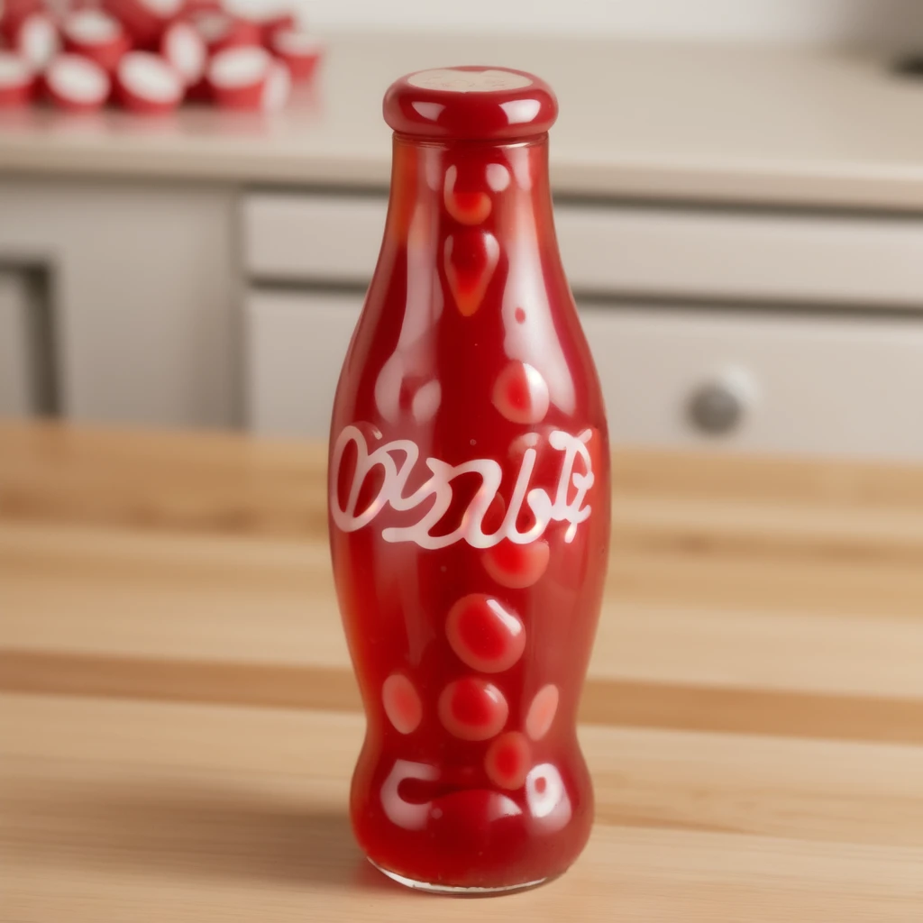 in the kitchen, on a wooden table, a red jelly bottle with a jelly particles inside of it, coca-cola, jelly texture, gummy texuture, candy, realistic texture, realistic style, detailed texture, high quality, high resolution, high quality rendering, realistic photo, brightning light, macro photo, ultra hd 4k
