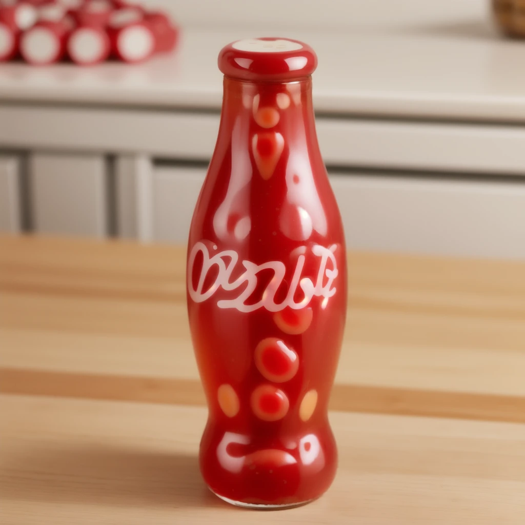 in the kitchen, on a wooden table, a red jelly bottle with a jelly particles inside of it, coca-cola, jelly texture, gummy texuture, candy, realistic texture, realistic style, detailed texture, high quality, high resolution, high quality rendering, realistic photo, brightning light, macro photo, ultra hd 4k