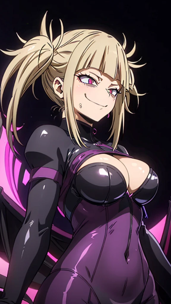 Erotic Tall busty blonde with twin tails, mature married woman, female executive in shiny purple rubber suit, red heart on black background, bedroom, dark theme, evil, temptation, excitement, condescending smile, sexy pose, upper body emphasis, angle from below, bat wings, succubus