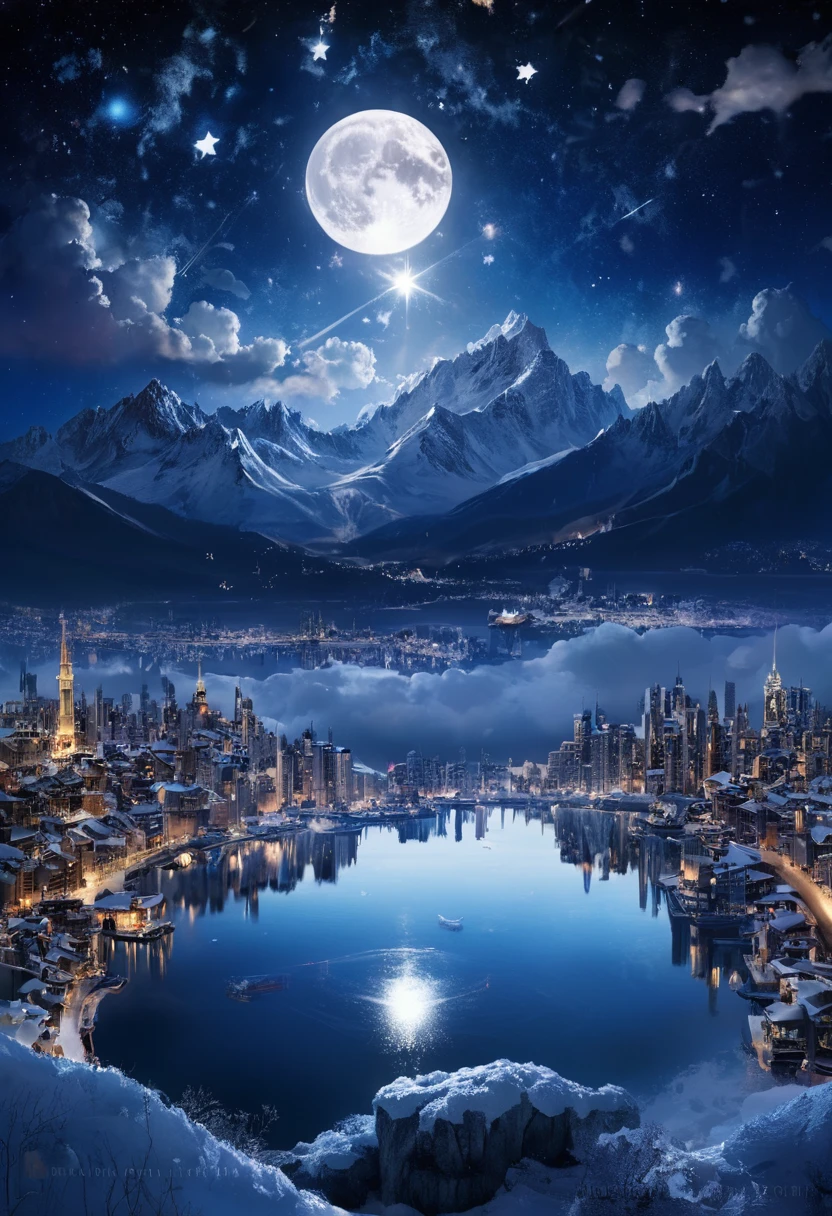 Night view,Wide sea,The city lights are bright in the distance,Reflection,moon,Snow-capped mountains in the distance,galaxy, Star,Sea of Clouds, Beautiful scenery,Ultra-high quality,masterpiece