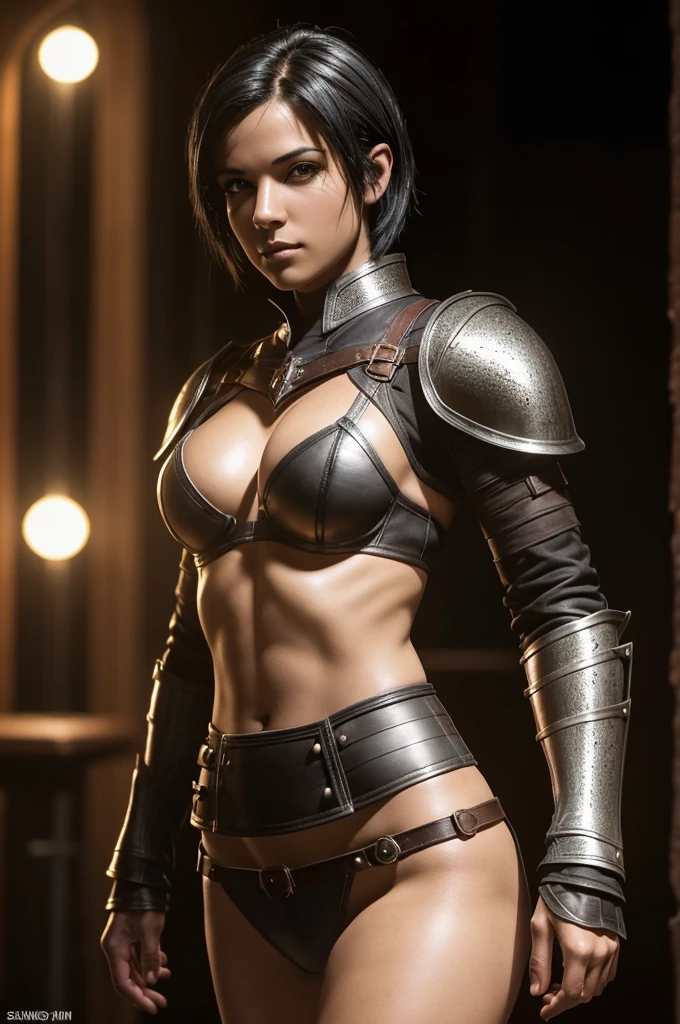 A beautiful female rogue, short black hair, Dungeons and Dragons aesthetic, (((skimpy sexy leather armour))), slim and athletic, high detail face, high detail skin, 8, HDR, high resolution, photo-realistic, cinematic lighting, depth of field, bokeh, rim lighting, backlit, cool colours, night