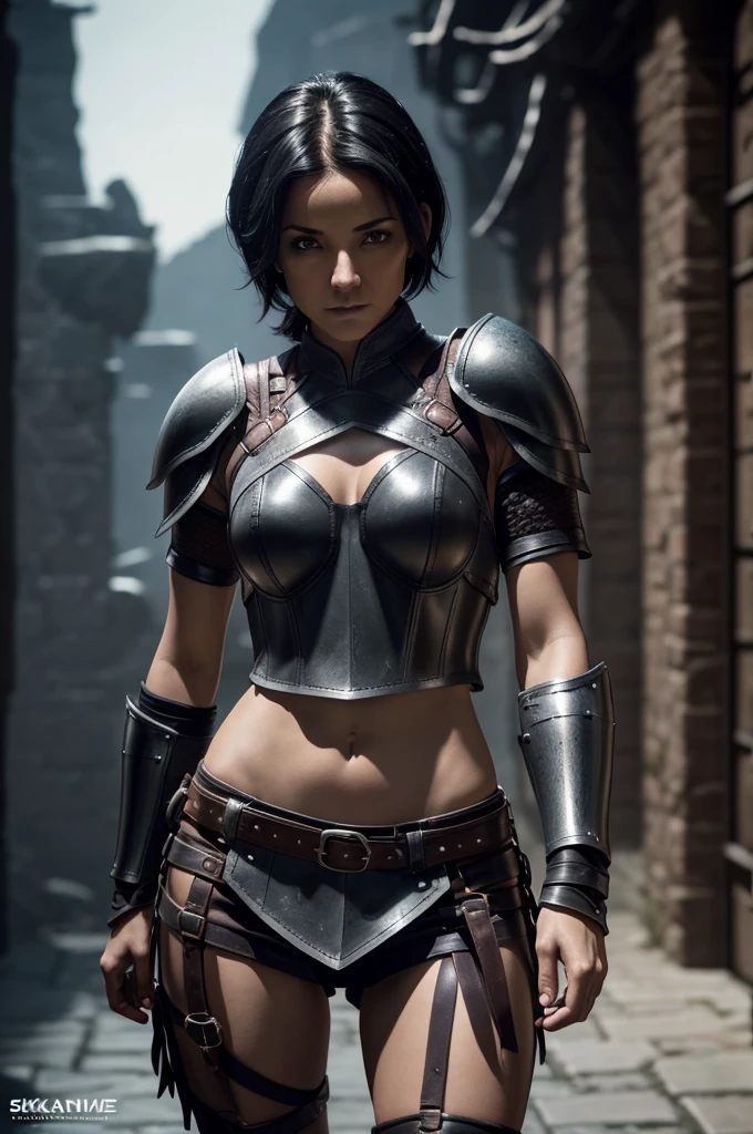 A beautiful female rogue, short black hair, Dungeons and Dragons aesthetic, (((skimpy y leather armour))), slim and athletic, high detail face, high detail skin, 8, HDR, high resolution, photo-realistic, cinematic lighting, depth of field, bokeh, rim lighting, backlit, cool colours, night