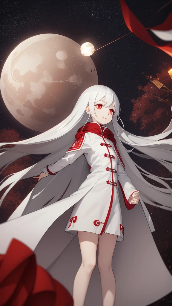 Anime game Arcane Garden's of the Great White Empire - Crazy fairy, snow white skin, long hair with straight locks, ash hair, pink empty eyes, white feather wings folded down, long white and ash scarf, white and ash dress with a short skirt, scarlet patterns of tree branches from the Ash Garden in the background, dark scarlet patterns of snowflakes on the dress, long burgundy socks, dark scarlet boots