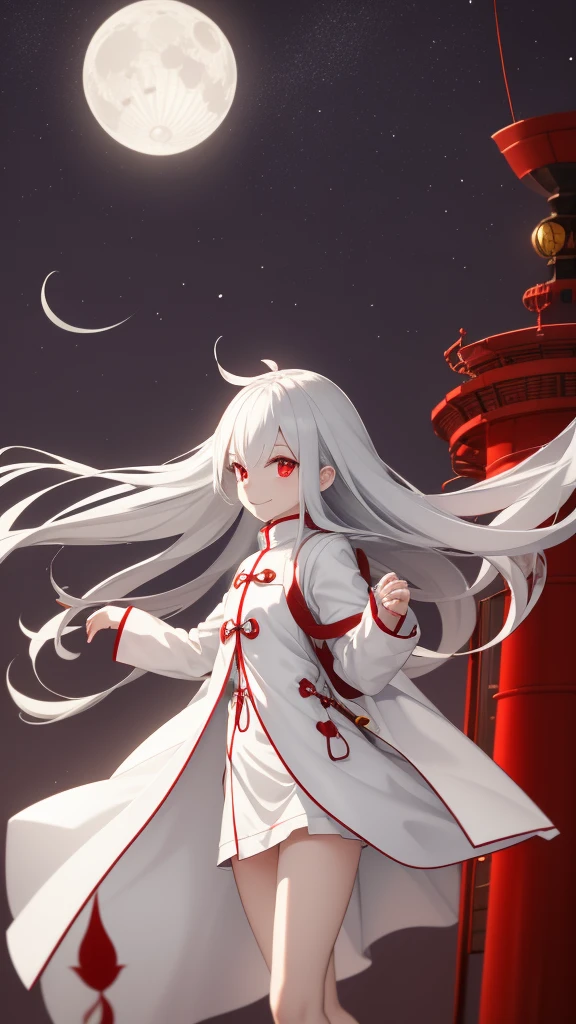 1 girl, silver hair, red eyes, white skin, smile, long hair, flying, floating in the air, white raincoat, short jacket, short skirt, holding a lantern, Chinese lantern, night, moon, blood