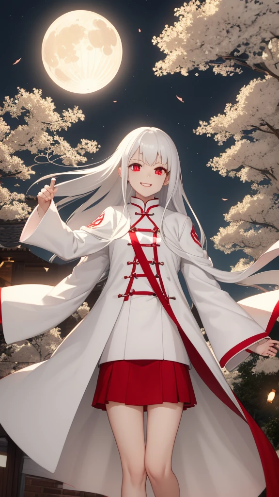 1 girl, silver hair, red eyes, white skin, smile, long hair, flying, floating in the air, white raincoat, short jacket, short skirt, holding a lantern, Chinese lantern, night, moon, blood