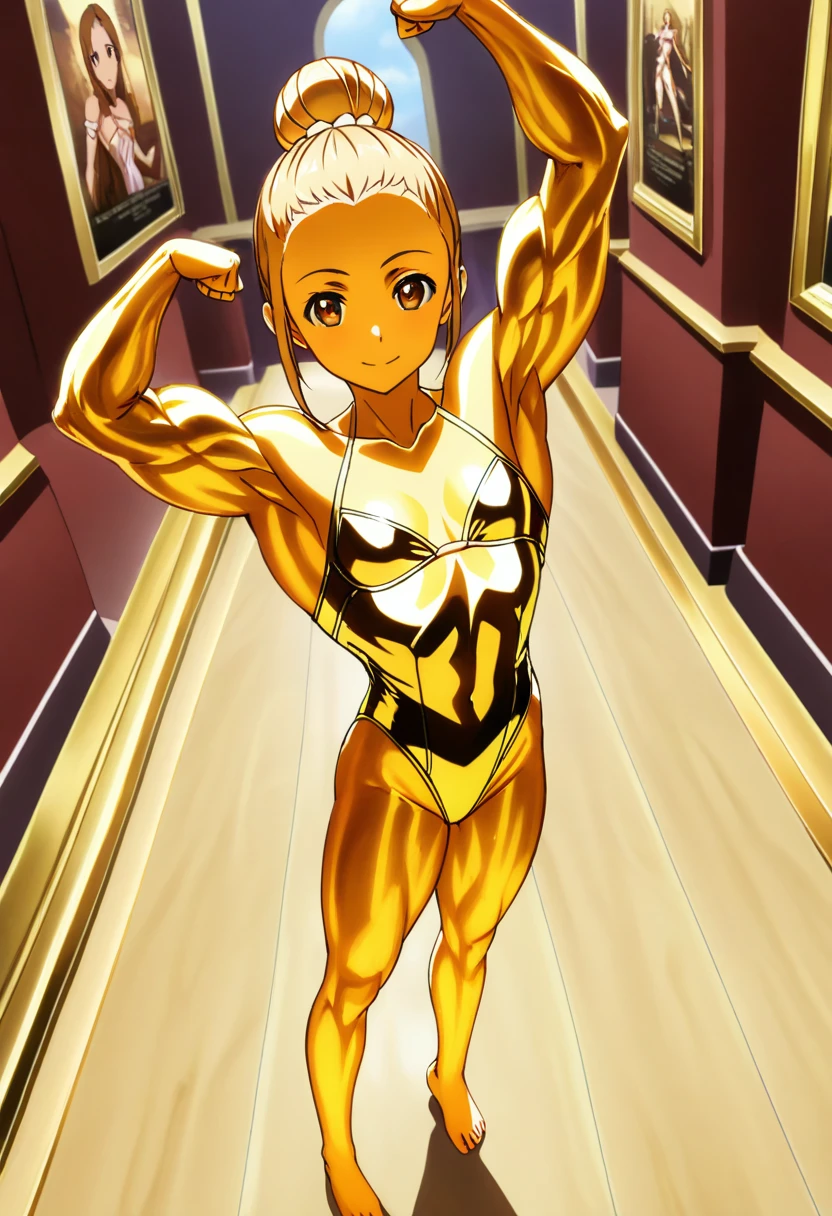 1girl, solo, official style, young girl, , Yui, Sao, sword_art_online, blonde hair, high hair bun, single hair bun, ballerina bun, forehead, board forehead, makeup, gold face, brown eyes, (metallic skin _1.5), (gold skin_3.0), bodypaint, shiny skin, body shiny, glowing skin, goldcarvingcd, SlightMuscle, Bulky, Bodybuilder, Hypermuscle, alternate muscle size, leotard, gold leotard, highleg, clothing cutout, stomach cutout, looking at viewer, smile, closed mouth, full body, from above, standing, from side, bare shoulder, barefoot, pose, arms up, double biceps pose, flexing, indoors, museum, building, light,