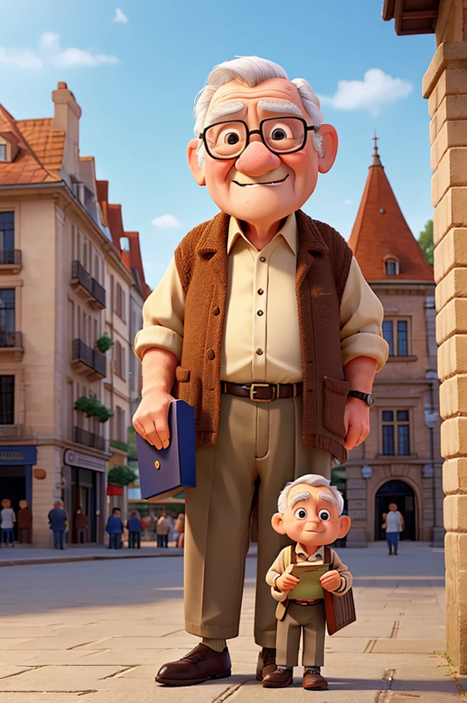 An old man handing a small book to a young boy in a bustling town square