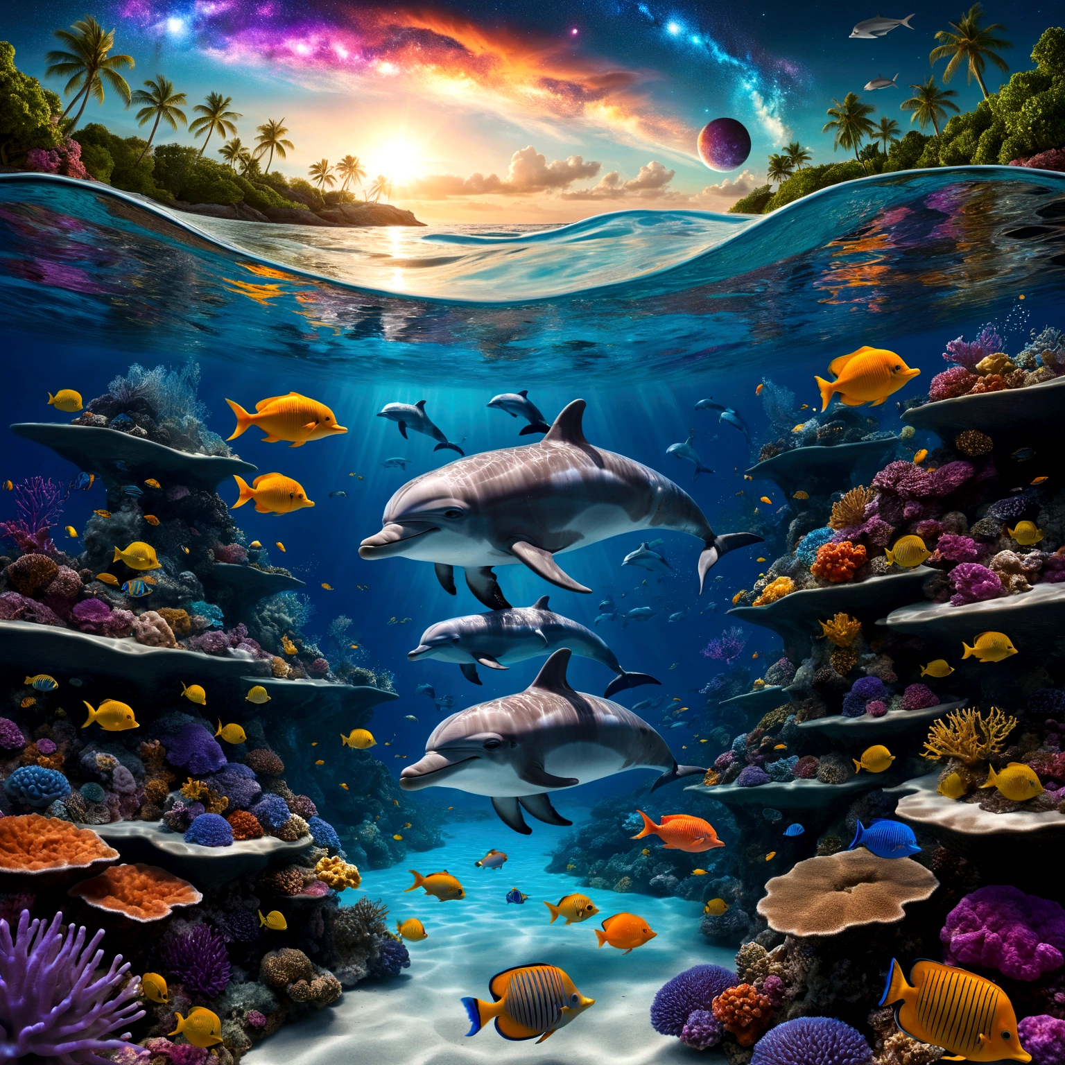 a surreal and fantastical image with the following elements: Setting: A beach with a surreal twist, where the ocean blends with a cosmic sky. Foreground: Vibrant coral reefs with detailed textures and various tropical fish swimming around. Transparent water near a woman, revealing bioluminescent algae and marine life. Midground: Dolphins swimming just below the surface, illuminated by sunlight filtering through the water. Background: A sky dominated by a massive cosmic eye, surrounded by swirling galactic patterns and luminous stars. Spiraling waves seamlessly blend into the cosmic sky. Colors: Dominant tones of blue, turquoise, and violet. Accents of yellow and orange from the tropical fish. Composition: The scene should guide the viewer’s gaze from the detailed coral reefs and marine life in the foreground, to the dolphins in the midground, and finally to the cosmic eye and swirling waves in the background. Use lines and patterns to naturally direct the viewer’s attention upwards. Atmosphere: Evoke a mystical and dreamlike atmosphere, blurring the boundaries between reality and imagination. Create a sense of depth and dimension with sharp details in the foreground and midground, and a slightly softer focus on the cosmic elements in the background.
