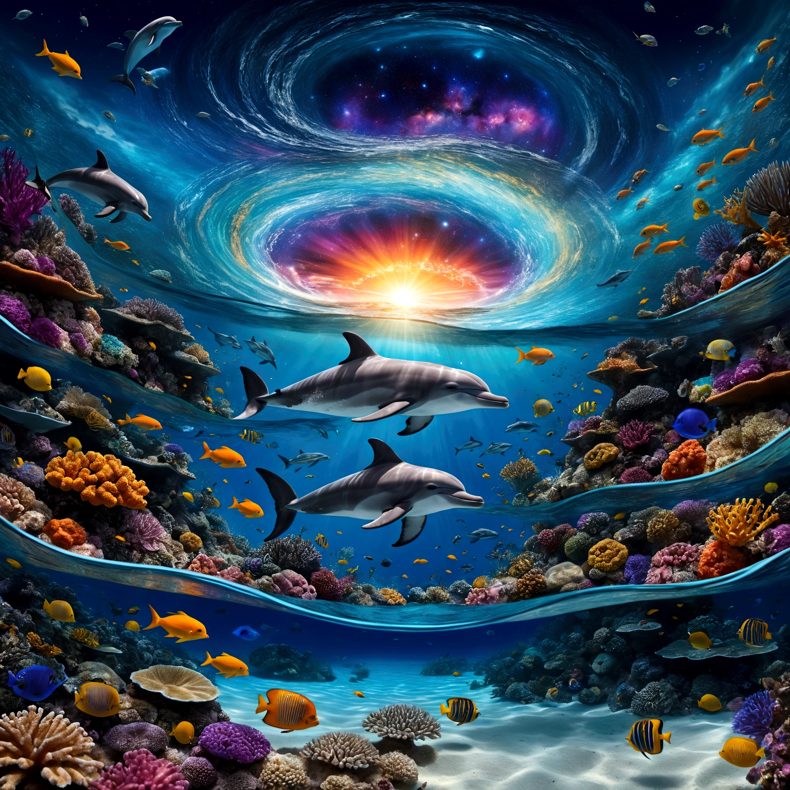 a surreal and fantastical image with the following elements: Setting: A beach with a surreal twist, where the ocean blends with a cosmic sky. Foreground: Vibrant coral reefs with detailed textures and various tropical fish swimming around. Transparent water near a woman, revealing bioluminescent algae and marine life. Midground: Dolphins swimming just below the surface, illuminated by sunlight filtering through the water. Background: A sky dominated by a massive cosmic eye, surrounded by swirling galactic patterns and luminous stars. Spiraling waves seamlessly blend into the cosmic sky. Colors: Dominant tones of blue, turquoise, and violet. Accents of yellow and orange from the tropical fish. Composition: The scene should guide the viewer’s gaze from the detailed coral reefs and marine life in the foreground, to the dolphins in the midground, and finally to the cosmic eye and swirling waves in the background. Use lines and patterns to naturally direct the viewer’s attention upwards. Atmosphere: Evoke a mystical and dreamlike atmosphere, blurring the boundaries between reality and imagination. Create a sense of depth and dimension with sharp details in the foreground and midground, and a slightly softer focus on the cosmic elements in the background.