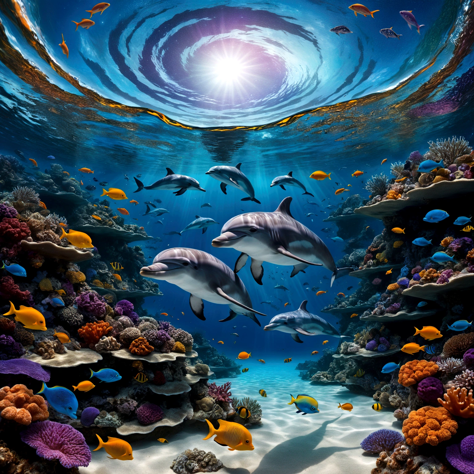 a surreal and fantastical image with the following elements: Setting: A beach with a surreal twist, where the ocean blends with a cosmic sky. Foreground: Vibrant coral reefs with detailed textures and various tropical fish swimming around. Transparent water near a woman, revealing bioluminescent algae and marine life. Midground: Dolphins swimming just below the surface, illuminated by sunlight filtering through the water. Background: A sky dominated by a massive cosmic eye, surrounded by swirling galactic patterns and luminous stars. Spiraling waves seamlessly blend into the cosmic sky. Colors: Dominant tones of blue, turquoise, and violet. Accents of yellow and orange from the tropical fish. Composition: The scene should guide the viewer’s gaze from the detailed coral reefs and marine life in the foreground, to the dolphins in the midground, and finally to the cosmic eye and swirling waves in the background. Use lines and patterns to naturally direct the viewer’s attention upwards. Atmosphere: Evoke a mystical and dreamlike atmosphere, blurring the boundaries between reality and imagination. Create a sense of depth and dimension with sharp details in the foreground and midground, and a slightly softer focus on the cosmic elements in the background.